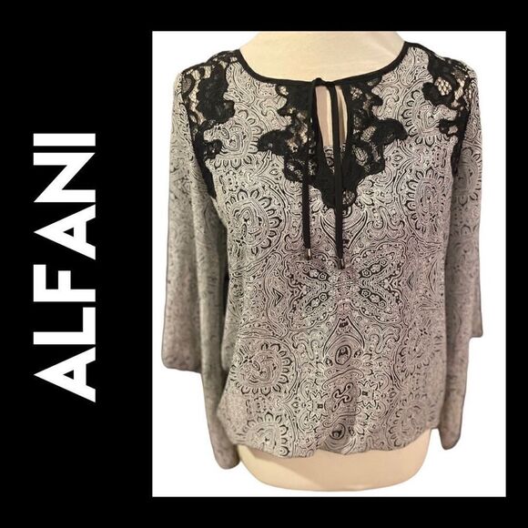 Alfani Women's Gray Lace with Black Paisley Flared Sleeves Semi Sheer Camisole S - Picture 1 of 10